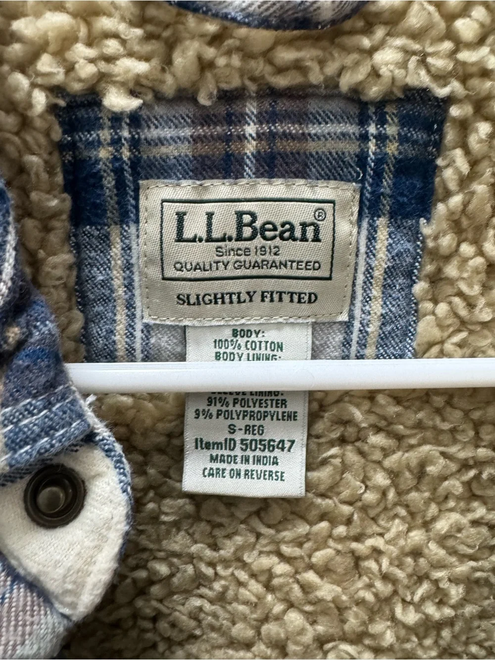 L.L. Bean Blue, White & Brown Plaid Sherpa-Lined Shirt Jacket